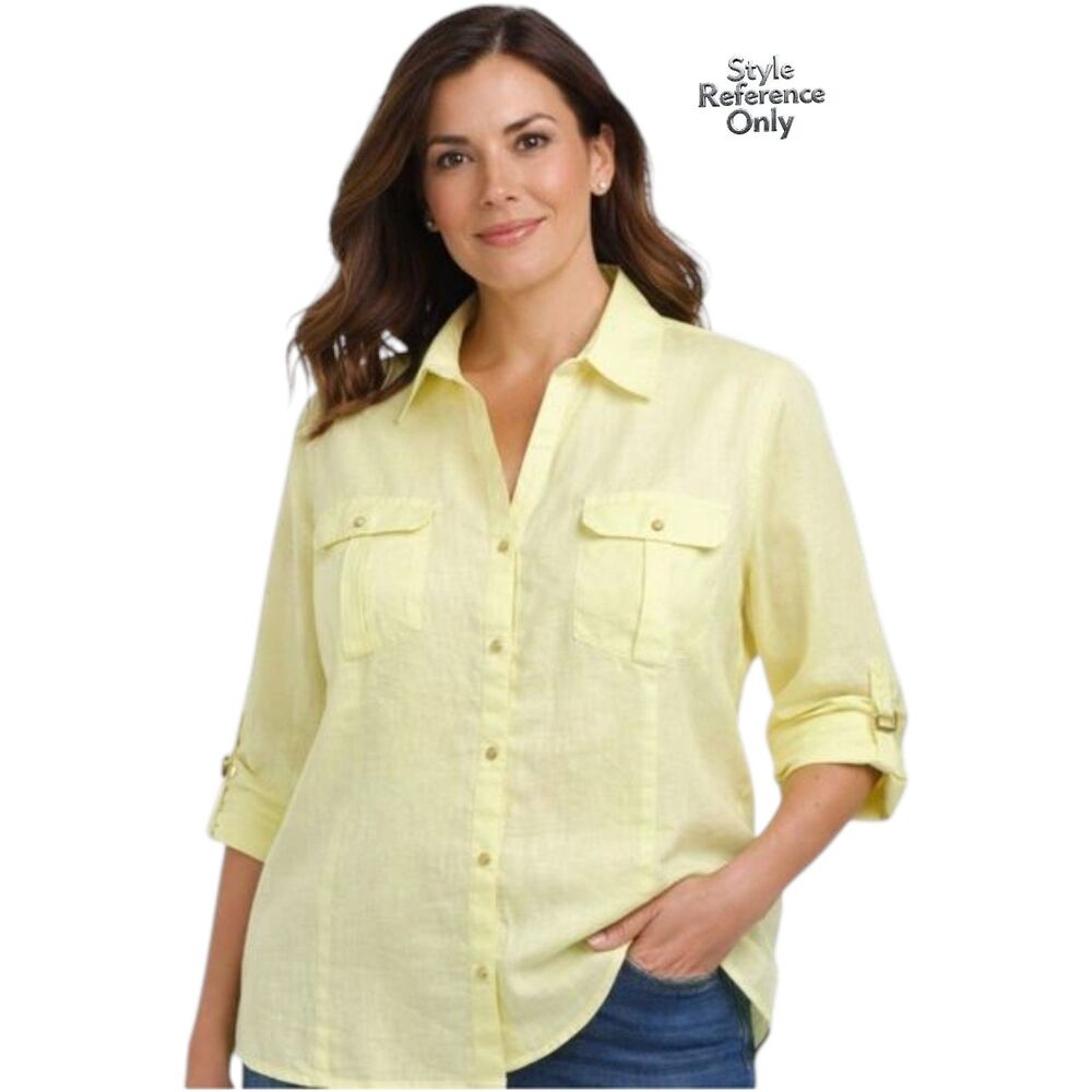 Chico’s 100% Linen Shirt XL Yellow Roll Tab Button Up Resort Beach